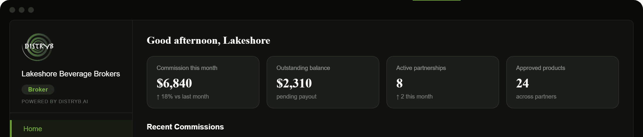 The DISTRYB broker dashboard: commission this month, outstanding balance, active partnerships and approved products, above recent activity.