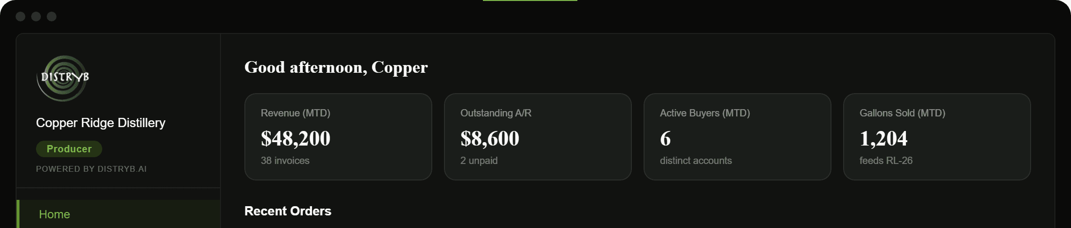 The DISTRYB producer dashboard: month-to-date revenue, outstanding accounts receivable, active buyers and gallons sold, above a list of recent orders.